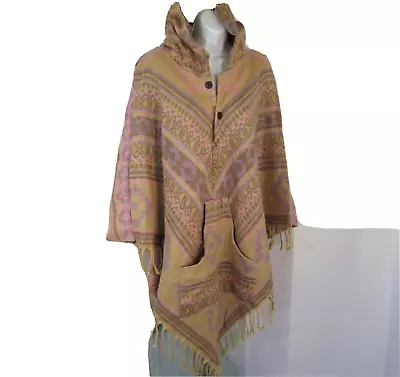 Poncho Button Tassels Hood + Pocket Desert Design Yak +Sheep Wool Blend 1 Size • $50.40