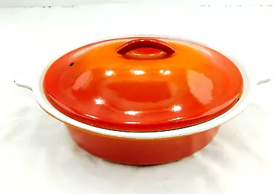 Vintage Belgium DESCOWARE Oval Casserole Dish FE 22 Flame Orange Red W/ Lid • $53