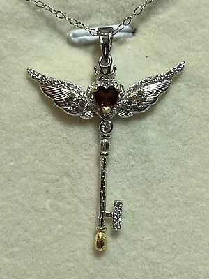 925 Sterling Silver Red Garnet Heart Zirconia Angel Wings Key Pendant Necklace • $19.99