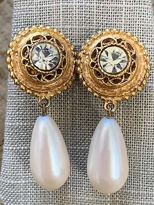 Vintage Signed Maxine Denker Earrings Gold Tone Designer Clip On Crystal Pearl • $22.99