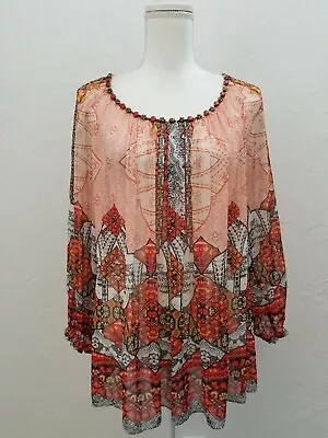 V Cristina Size Medium Orange Print Scoop Neck Sheer Peasant Blouse • $9.95