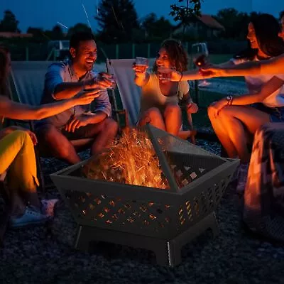 Outdoor Fire Pit Bonfire W/Spark Screen Lid & Poker Backyard Patio Black • $119.97