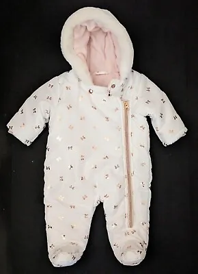 Fleece Lined & Fur Trim Hooded Snowsuit/Pram Suit | Matalan 0-3 Months Baby Girl • £3.50