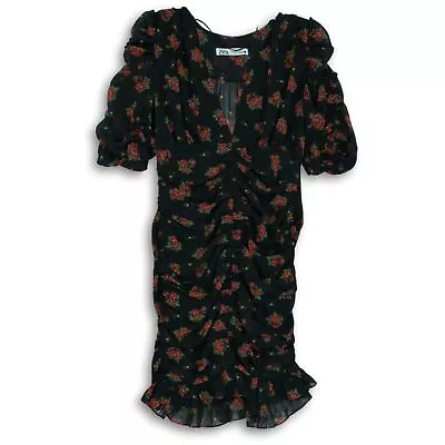 Zara Womens Black Red Floral Print Short Sleeve V-Neck Ruched Mini Dress Size M • $12.34