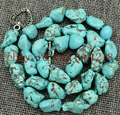 Natural 10-12mm Blue Turquoise Gemstone Chunk Beads Necklace Tibetan Silver 18  • $3.95