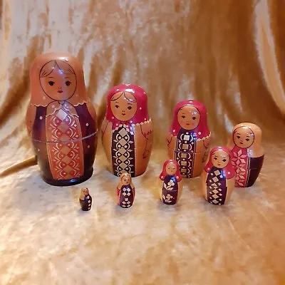 Vintage 1970s Russian 8 Nesting Matryoshka Babushka Dolls Straw Inlay U.S.S.R. • $49.80