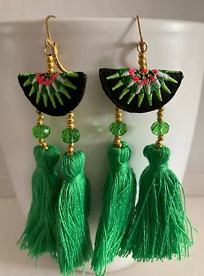 Zara  Green Hand Made Tassel  Statement   Earrings • £6.99