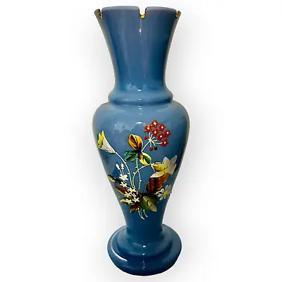 Collectable Blue Opaline Vase Hand Painted Enamel Flowers Bristol Victotian • $40