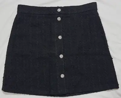 NWT H&M Rhinestone Button Up Black High Rise A-Line Mini Skirt Size 14 • $29.99