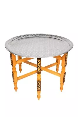 Handmade Moroccan 20  Round Brass Tray Tea Table With Folding Wood Stand Thuya W • $200