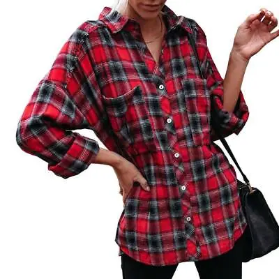 Womens Plaid Check Casual Buttons Shirt Tops Ladies Long Sleeve Causal Blouse 18 • £11.19