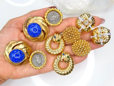 $19.99 • Buy Lot Couture 80s Earrings Ciner Les Bernard Vtg Lapis Glass Gripoix Mogul Coin Xl
