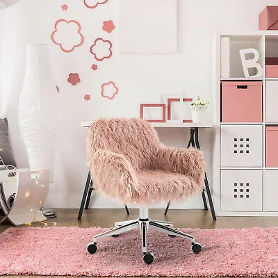 Swivel Faux Fur Office Chair Vanity Chair W/ Adjustable Height Wheels Pink • $102.95