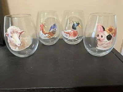 Pier 1 Stemless Glasses 4 Farm Animals Sheep Pig Duck Chicken Wine Water Tea NEW • $42