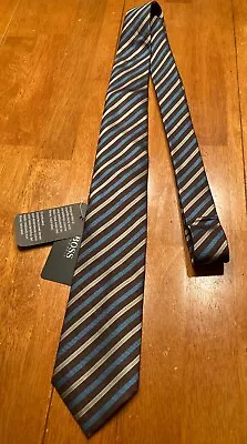 Men's HUGO BOSS Italy Silk Linen Blue / Brown + Striped Necktie Tie NWT NEW • $39.99