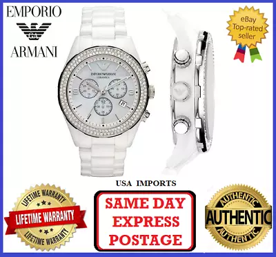 Emporio Armani AR1456 Ceramica White Silver And Crystal Womens Chrono Watch • $299.99