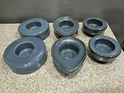 Lot Of 6 Vintage Stoneware Votive Tea Light Candle Holders Hand Painted Blue EUC • $30