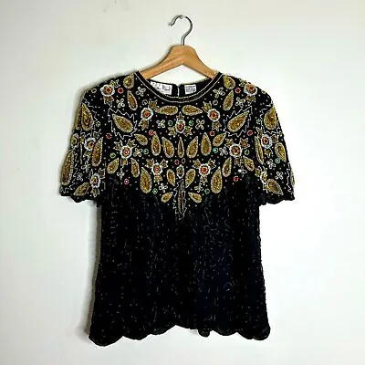 Vintage Laurence Kazar Black Silk Beaded Sequin Beaded Blouse Size Large • $39.95