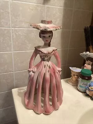 Vintage BETSON BETSON’S 1950's Ceramic Pink NAPKIN LADY Candle Holder 10.5” • $47