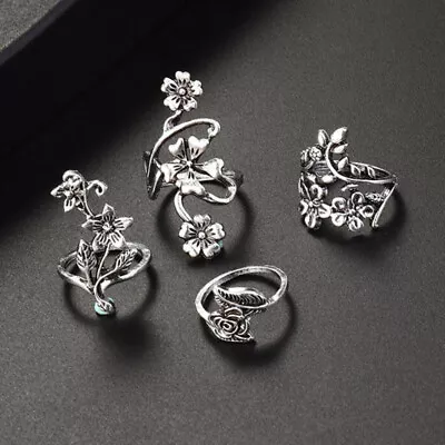 4pcs Antique Silver Bohemia Ring Set Rose Flower Rings For Women Charm R~TM SN❤ • £2.89