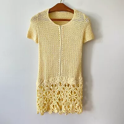 Vintage Ivory Yellow Handmade Crochet Swim Coverup Dress XS Upcycle Flawed • $19.99