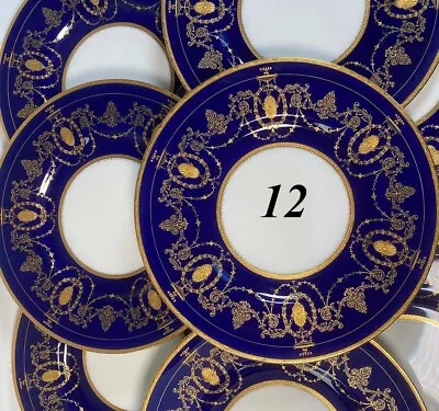 Opulent Antique Minton Dinner Plates Set 12pc Belle Epoch Raised Gold On Cobalt • $1796.25