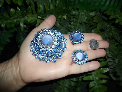 $47 • Buy Vintage AUSTRIA - Blue Cabochon Rhinestones PIN Brooch Clip EARRINGS Jewelry Set