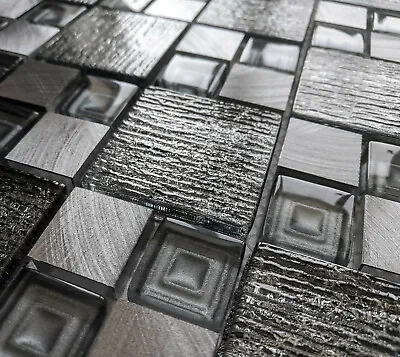 £8.98 • Buy New Silver Grey Textured Glass Foil & Brushed Steel Square Mosaic Wall Tiles 8mm