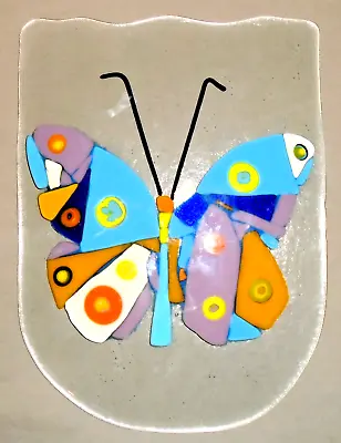 Fused Art Glass  Millefiori Colorful Butterfly Plate Dish 10.5” X 8  • $18