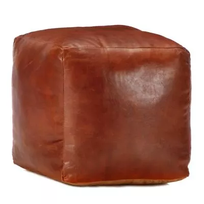 Retro Pouf Genuine Goat Leather Stylish Footstool Pouffe Square Stool Ottoman • $176.95