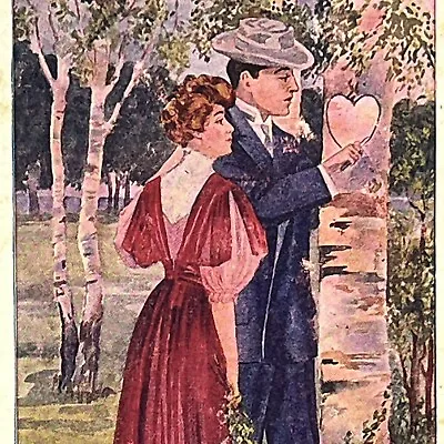 Vintage Valentine Postcard Couple Carving Heart In Tree Love Romance Posted 1909 • $3.65