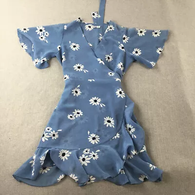 Ghanda Womens Wrap Dress Size XS Blue Floral Mini Fit Flare Short Sleeve • $24.97