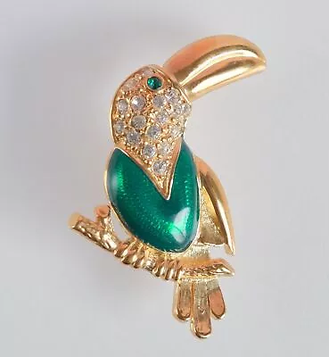 Vintage Signed Roman Parrot Bird Toucan Rhinestone Green Enamel Gold Tone Brooch • $9
