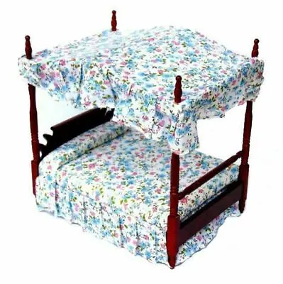 Dolls House Mahogany Floral Canopy Bed Double 4 Poster 1:12 Bedroom Furniture • $17.25