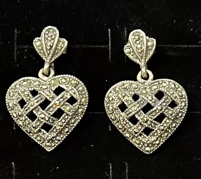 Vintage Sterling Silver 925 Art Deco Marcasite Heart Dangle Post Earrings 1in” • $15