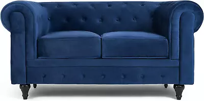 Velvet Chesterfield Sofa- Blue. 2 Seater Settee Soft Plush Fabric Couch. Living • £431.83