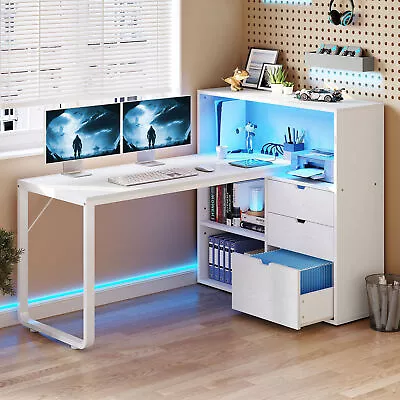 55  L Shaped Gaming Desk Corner Computer Desk With Power Outlets & LED Lights • $139.99