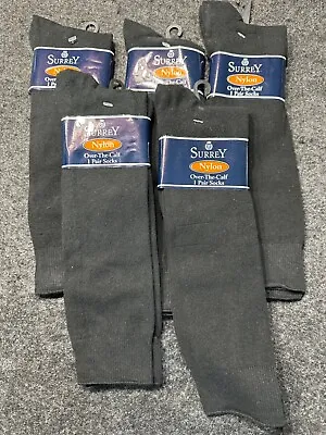 5 Pairs SURREY Black 100% Nylon Over The Calf Mens Socks Size 6-12.5 Made In USA • $13.61