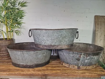 Large Vintage Reclaimed Galvanised Iron Banded Oval Trough Garden Planter Tub • £80