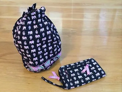 Vera Bradley “Pink Elephants” Lot Cinch Bucket Tote Drawstring Bag & Wallet Set • $24.99