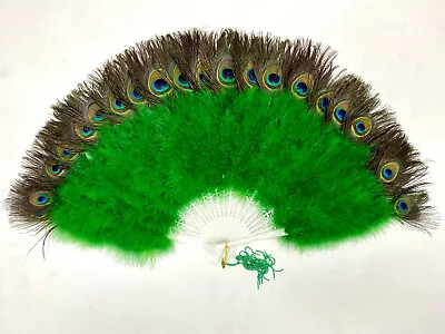 Kelly Green MARABOU Feather Fan With Peacock 30  X 15  Burlesque/Costume • $26.99