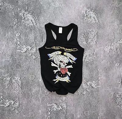 Ed Hardy By Christian Audigier Tank Top Big Logo Rhinestone Skeleton Y2k Heart • £33.73