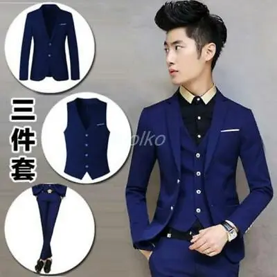$75.99 • Buy Mens Korean Suit Blazers Coat Pants Vest Slim Fit Formal Dress Wedding M-3XL