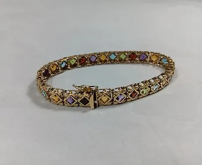 Estate Multi-Color Square Gemstone Line Link Bracelet 14K Yellow Gold 7 3/8  • $1225