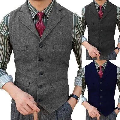 Stylish Slim Retro Tweed Waistcoat For Men Vintage Herringbone Suit Vest • $31.19