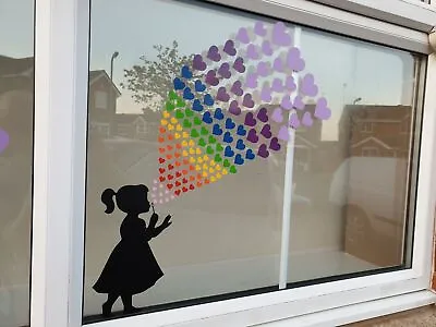 Banksy Inspired Girl Boy Blowing Rainbow 130 HEARTS Bubbles Sticker Window Decal • £5.95