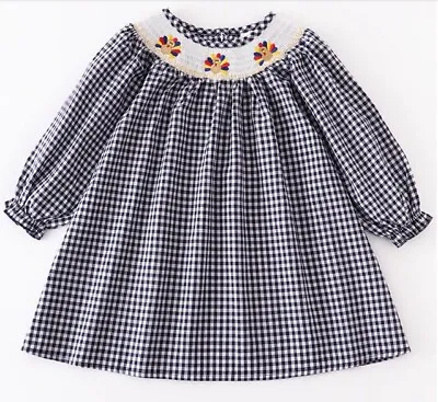 NEW Boutique Thanksgiving Turkey Girls Smocked Embroidered Plaid Gingham Dress • $13.59