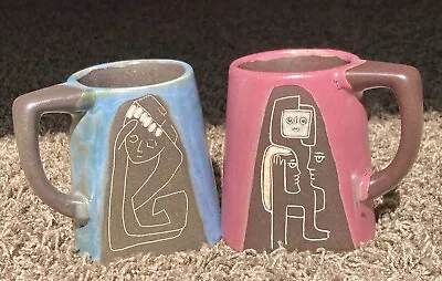 Mara Art Pottery Pueblo Mexico Stoneware Mugs 14oz People Blue Pinkish Heavy • $22
