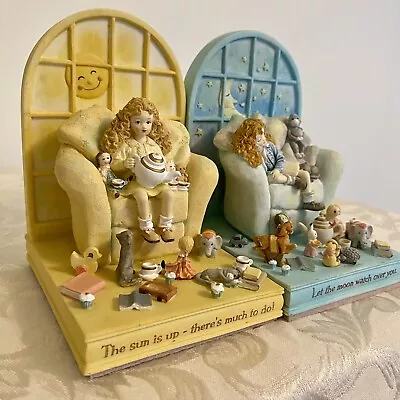 VTG Children’s Bookends Whimsical Set Girl Tea Party Sun Moon Toys Cat DETAILED • $49.90