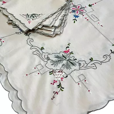 Madeira Tablecloth VTG Linen Hand Embroidered 12 Napkins Cutwork Banquet Flowers • $449.97